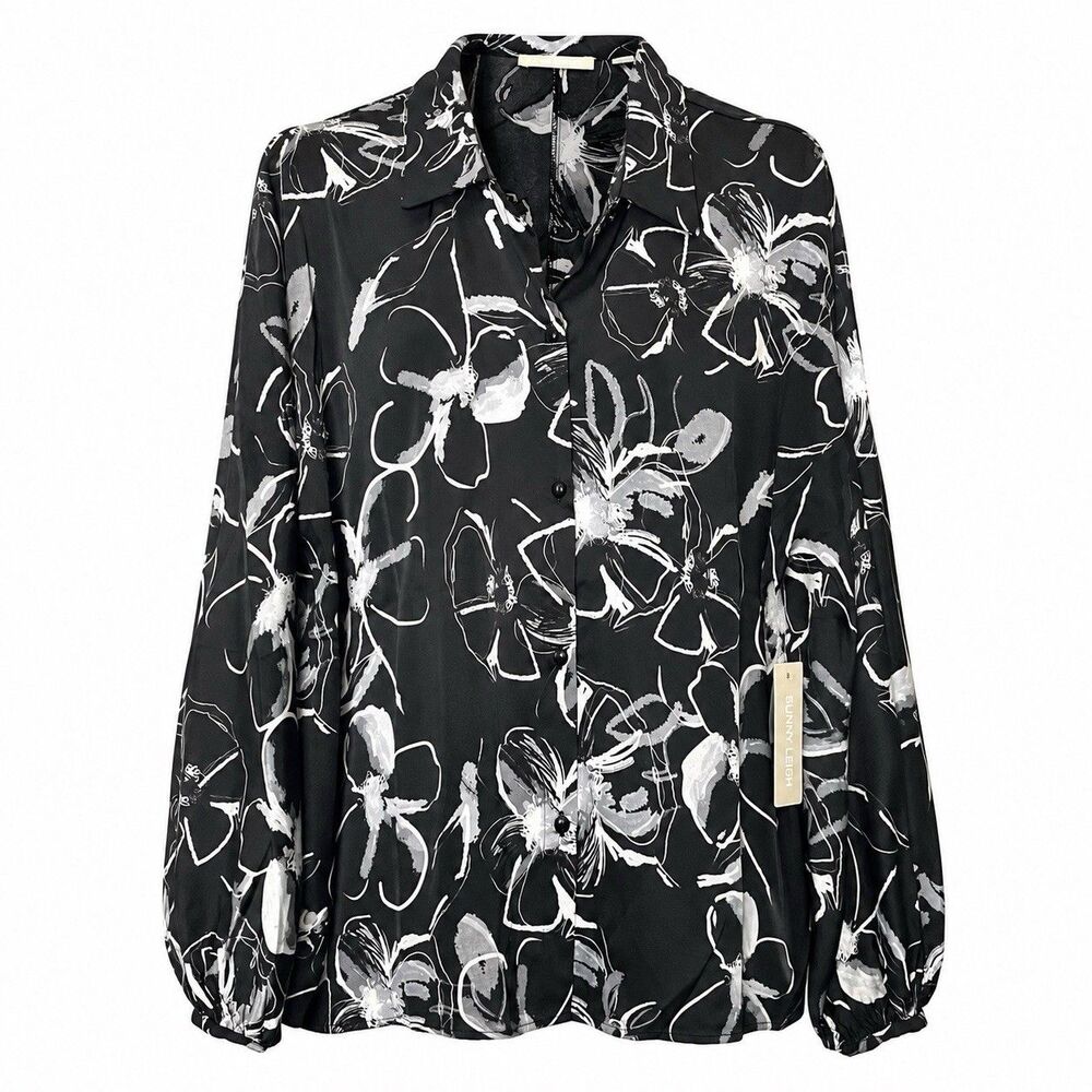 Sunny Leigh Callie Blouse Women’s M Black White Floral Button Front NWT